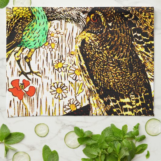 Nederlandse Art Nouveau Pauw en uilen Theedoek (Gevouwen)