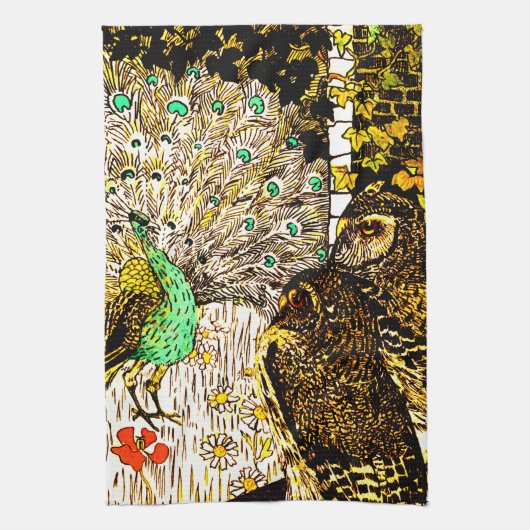 Nederlandse Art Nouveau Pauw en uilen Theedoek (Verticaal)