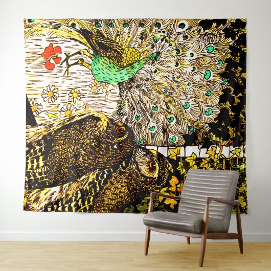 Nederlandse Art Nouveau Pauw en uilen Wandkleed (In Situ (horizontaal))