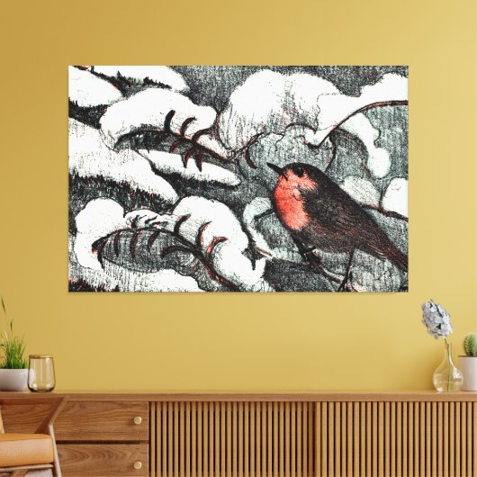 Nederlandse Art Nouveau Robin Bird in de winter Canvas Afdruk (Insitu (Woonkamer))