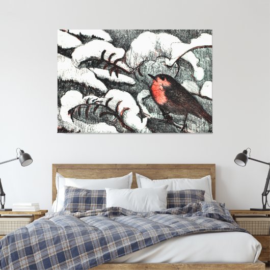 Nederlandse Art Nouveau Robin Bird in de winter Canvas Afdruk (Insitu (Slaapkamer))
