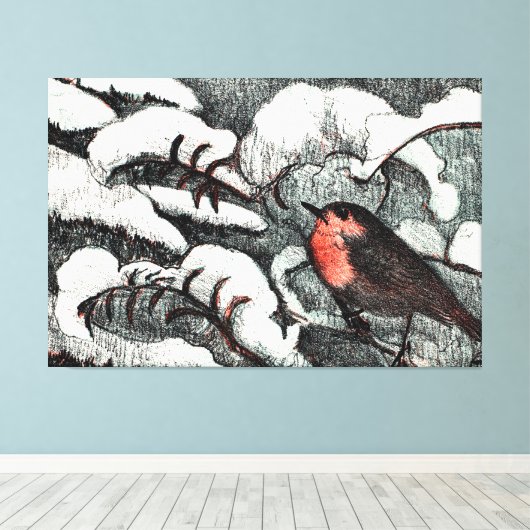 Nederlandse Art Nouveau Robin Bird in de winter Canvas Afdruk (Insitu (Houten vloer))