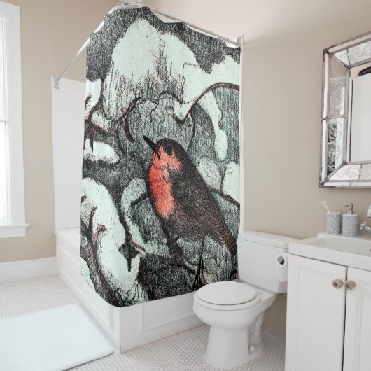 Nederlandse Art Nouveau Robin Bird in de winter Douchegordijn (In situ)