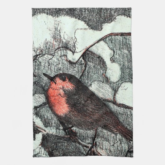 Nederlandse Art Nouveau Robin Bird in de winter Theedoek (Verticaal)