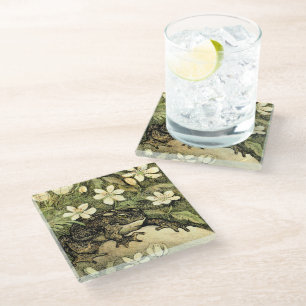 Nederlandse Art Nouveau Toad en Dogwood Glazen Onderzetter
