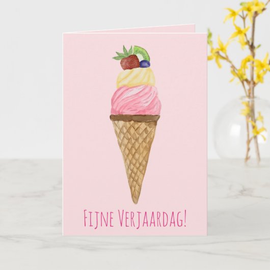 Nederlandse Birthday Waterverf Ice Cream Kaart (Gele Bloem)