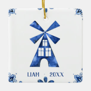 Nederlandse blauwe windmill gepersonaliseerd versi keramisch ornament