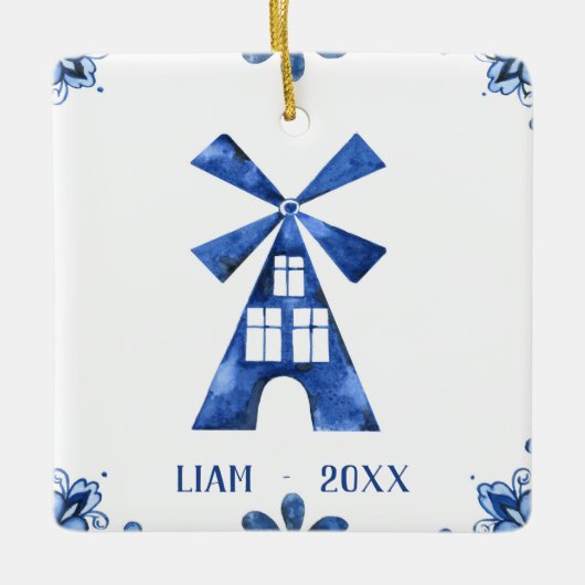 Nederlandse blauwe windmill gepersonaliseerd versi keramisch ornament (Voorkant)