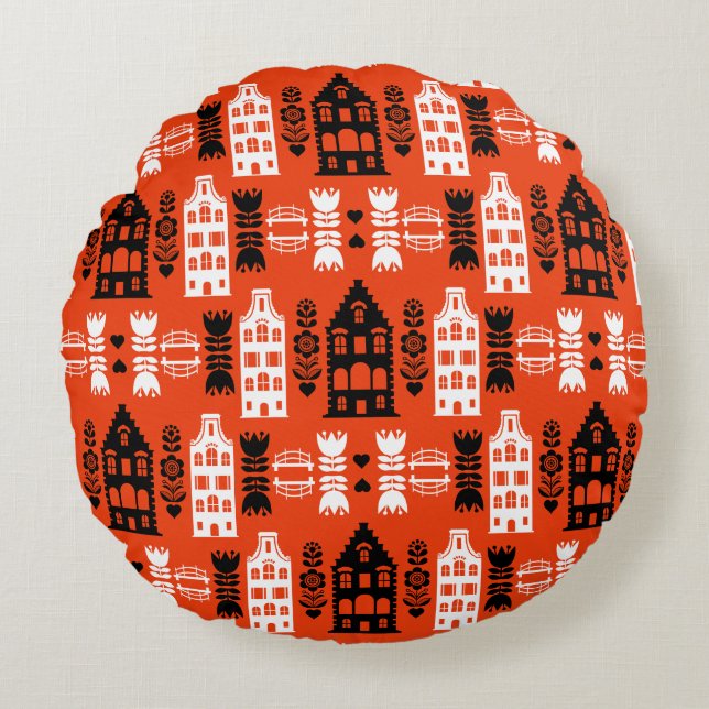 Nederlandse Folk Art Print Rond Kussen (Voorkant)