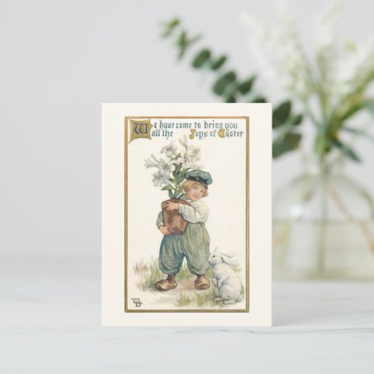  Nederlandse jongen met Paaslilies en Bunny Briefkaart (Staand voorkant)