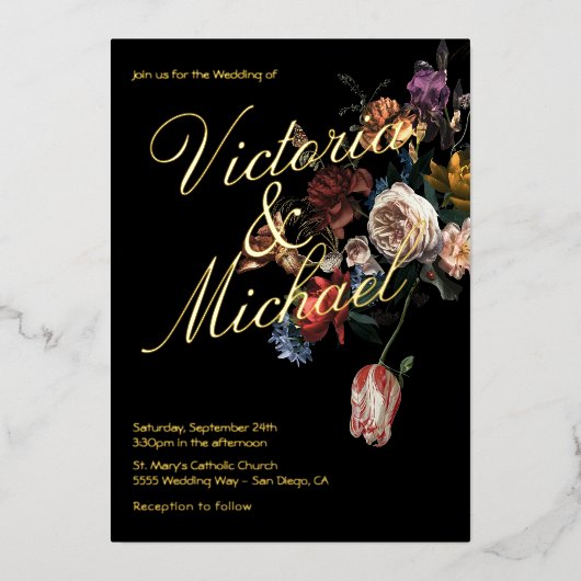 Nederlandse Master Floral Dark & Moody Wedding Folie Uitnodiging (Voorkant)