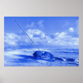 Nederlandse stijl Schrappen Blauw zeilboot Wreck N Poster