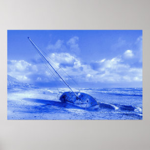 Nederlandse stijl Schrappen Blauw zeilboot Wreck N Poster