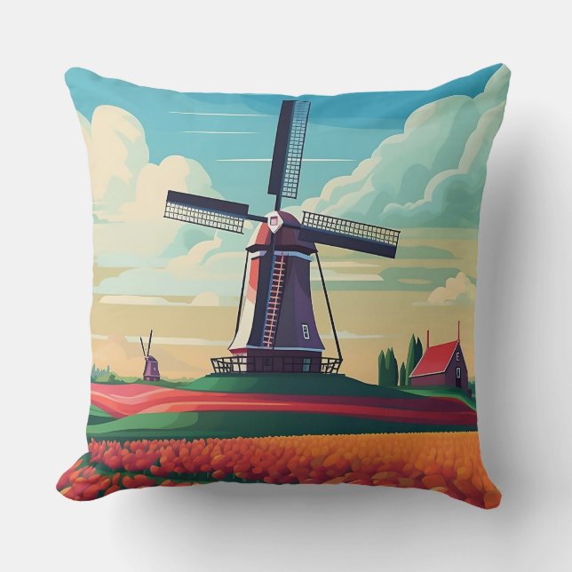 Nederlandse Tulp Field Windmill Kussen (Voorkant)