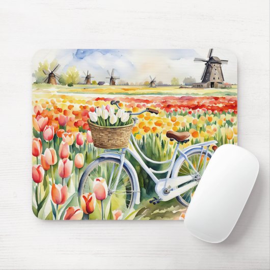 Nederlandse tulpen in fietsmand muismat (Met muis)