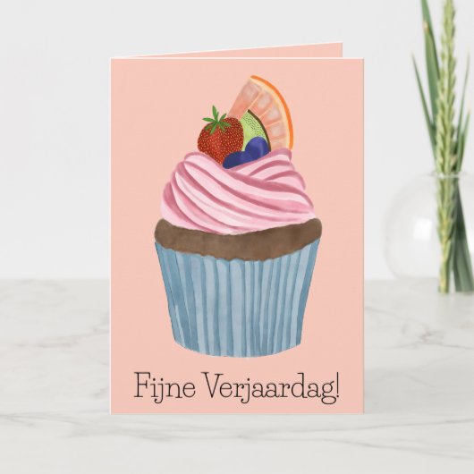 Nederlandse verjaardag fruit cupcake kaart (Voorkant)