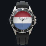 Nederlandse vlag horloge<br><div class="desc">Dit ontwerp is voorzien van de nationale vlag van Nederland (informeel Holland genoemd), een land dat voornamelijk in Western Europa en gedeeltelijk in het Caribisch gebied is gelegen en dat het grootste land van het Koninkrijk der Nederlanden vormt. In Europa bestaan er twaalf provincies die Duitsland in het oosten, België...</div>