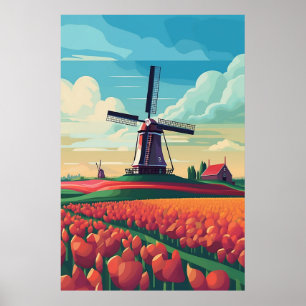 Nederlandse WIndmill Tulip Field Illustration Poster