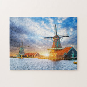Nederlandse Windmills Cloudy Sunset Rotterdam Holl Legpuzzel