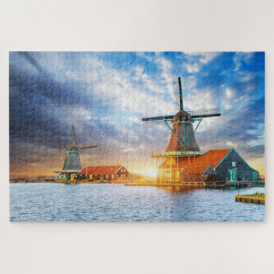 Nederlandse Windmills Cloudy Sunset Rotterdam Holl Legpuzzel