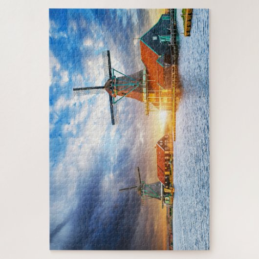 Nederlandse Windmills Cloudy Sunset Rotterdam Holl Legpuzzel (Verticaal)