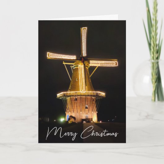 Nederlandse windmolen gloeit met kerstverlichting feestdagen kaart (Voorkant)