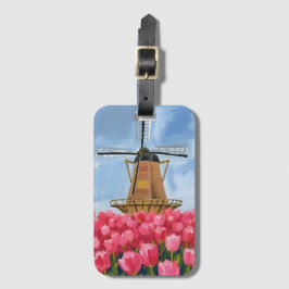 Nederlandse Windmolen Tulp Bloem Veld Aquarel Bagagelabel