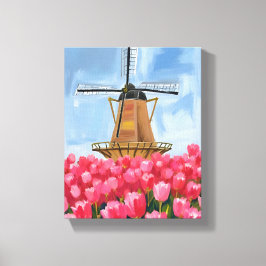 Nederlandse Windmolen Tulp Bloem Veld Aquarel Canvas Afdruk