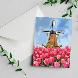 Nederlandse Windmolen Tulp Bloem Veld Aquarel Kaar