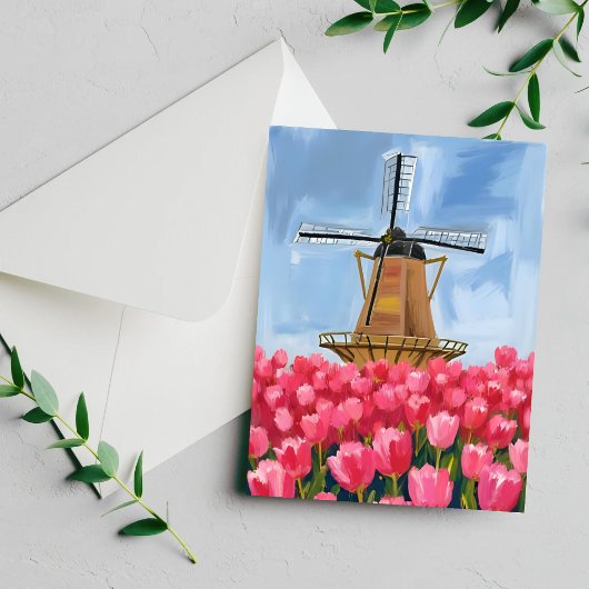 Nederlandse Windmolen Tulp Bloem Veld Aquarel Kaar