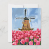Nederlandse Windmolen Tulp Bloem Veld Aquarel Kaar (Voorkant)