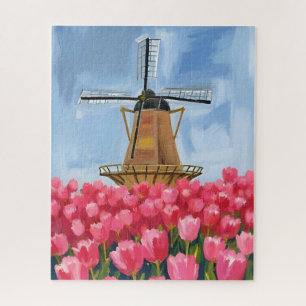Nederlandse Windmolen   Tulp Bloem Veld Aquarel Legpuzzel
