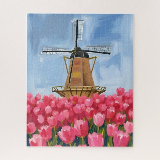 Nederlandse Windmolen | Tulp Bloem Veld Aquarel Legpuzzel (Verticaal)