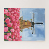 Nederlandse Windmolen | Tulp Bloem Veld Aquarel Legpuzzel (Horizontaal)