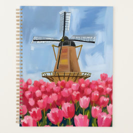 Nederlandse Windmolen | Tulp Bloem Veld Aquarel Planner