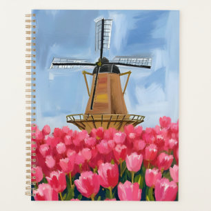 Nederlandse Windmolen Tulp Bloem Veld Aquarel Planner
