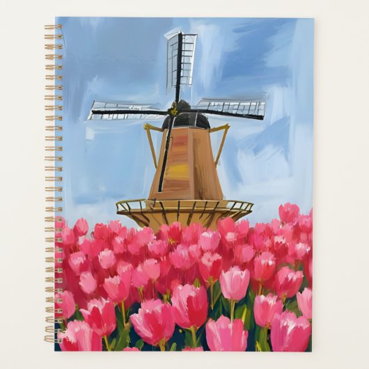 Nederlandse Windmolen | Tulp Bloem Veld Aquarel Planner (Voorkant)
