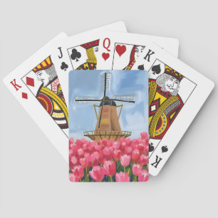 Nederlandse Windmolen Tulp Bloem Veld Aquarel Pokerkaarten