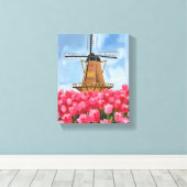Nederlandse Windmolen Tulp Bloemveld Aquarel Canvas Afdruk (Insitu (Houten vloer))
