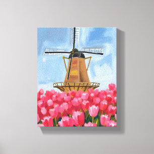 Nederlandse Windmolen Tulp Bloemveld Aquarel Canvas Afdruk