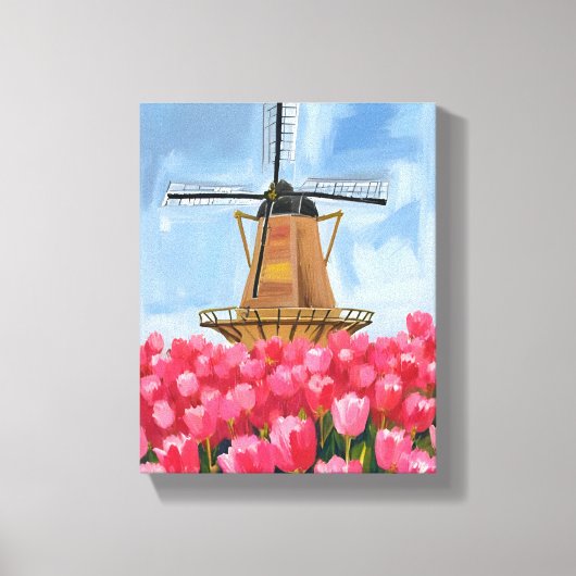 Nederlandse Windmolen Tulp Bloemveld Aquarel Canvas Afdruk (Voorkant)