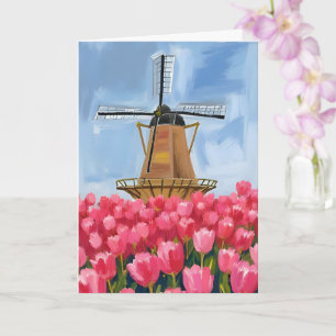 Nederlandse Windmolen Tulp Bloemveld Aquarel Kaart