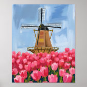 Nederlandse Windmolen Tulp Bloemveld Aquarel Kunst Poster (Voorkant)