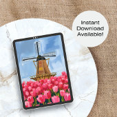 Nederlandse Windmolen Tulp Bloemveld Aquarel Kunst Poster