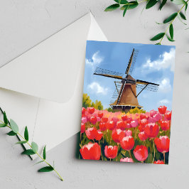 Nederlandse windmolen tulp veld aquarel geschilder