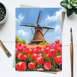Nederlandse windmolen tulp veld landschap aquarel briefkaart