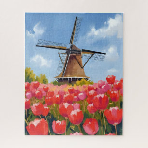 Nederlandse windmolen tulp veld landschap aquarel legpuzzel