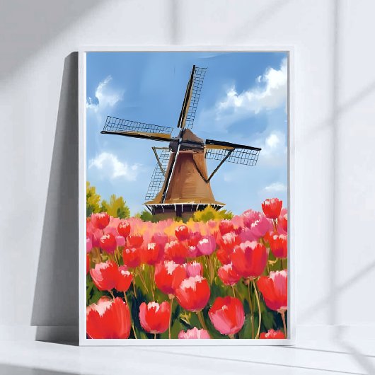 Nederlandse windmolen tulp veld landschap aquarel poster