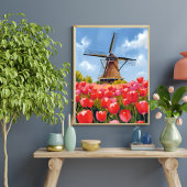 Nederlandse windmolen tulp veld landschap aquarel poster