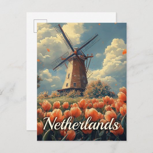  Nederlandse Windmolen: Tulpen en Charm Briefkaart (Voorkant / Achterkant)
